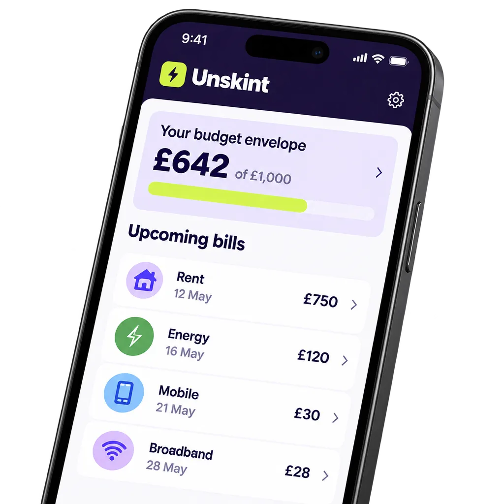 Unskint on a phone, showing a budget envelope and upcoming bills